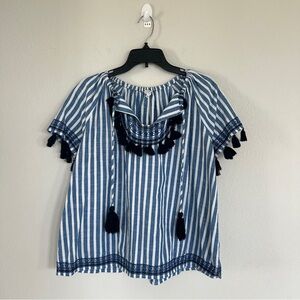 Crown & Ivy Striped Coastal Tassel Blouse Size Large